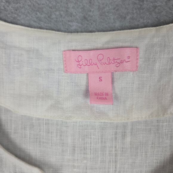 Lilly Pulitzer Small 100% Linen White Tunic Blue Embroidery V Neck 3/4 Sleeve - Picture 6 of 12